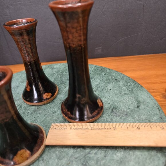 Set of 3 Rustic Stoneware Candle Holders Brown Glazed Ceramic Boho Eclectic - Picture 5 of 8